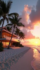 Fototapeta premium Luxury modern house sits on sandy beach shore. Palm trees surround the villa near calm ocean waves during warm sunset. Perfect getaway destination.