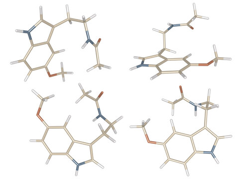 3D Molecular Structure Models of Melatonin Hormone for Sleep Regulation and Circadian Rhythm, N-Acetyl-5-Methoxytryptamine Chemical Formula Representations on transparent background, 	
C13H16N2O2 atom