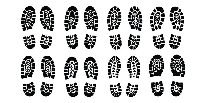 Set of black boot footprint icons showing different tread patterns for hiking and walking shoes