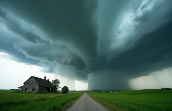 Huge storm clouds gather over an old farmhouse. Rain falls heavily on a country road. Green fields surround the abandoned house. Dramatic weather rolls in across the landscape.