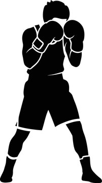 Black silhouette of a boxer in a defensive fighting stance.