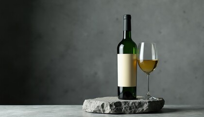 Fototapeta premium Green bottle of white wine with empty label stands near filled wine glass on stone pedestal. Serve chilled beverage on concrete background, for tasting or winery promotion.