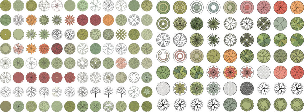 Landscape CAD tree canopy vector set, circular vegetation symbols for site plans, garden layouts and urban planning masterplans