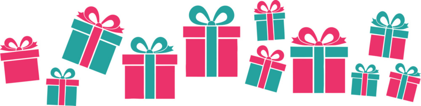Collection of festive gift boxes with ribbons and bows.