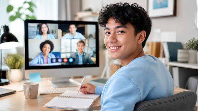 Young Asian man smiling during a remote video conference call on a computer monitor while taking notes at home, distance learning and virtual meeting concept.