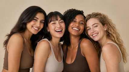 Fototapeta premium Four Happy Diverse Women Smiling and Laughing Together, Embracing Beauty Diversity and Natural Skin Care Concept, Neutral Studio Background