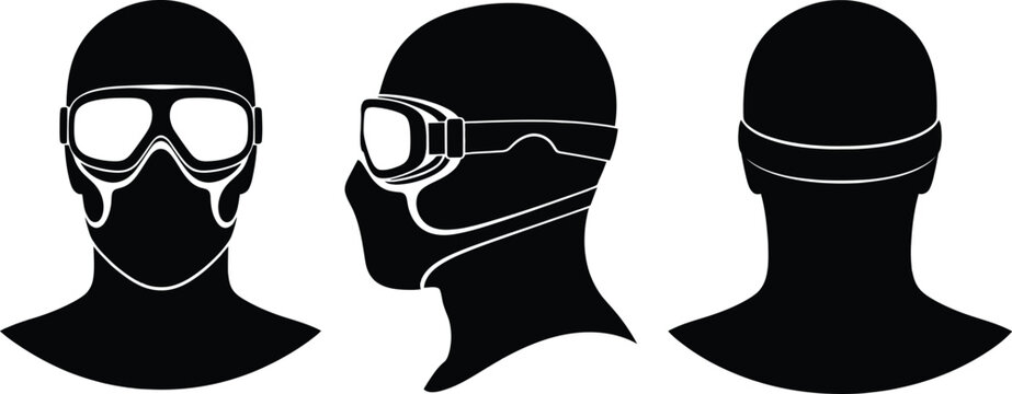 Silhouette set of a man wearing a protective face mask and ski goggles from three angles