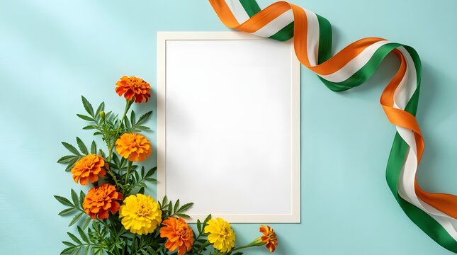 Indian independence day composition with marigolds and ribbon on light blue background
