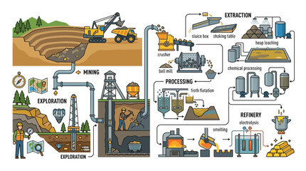 Obraz premium Mineral Extraction and Processing Flowchart: Mining to Refinery
