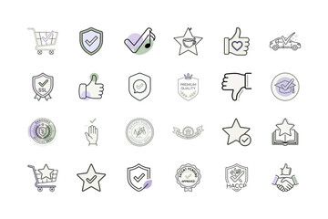 Fototapeta premium Line art approved vector icons for business or Certified stamp vector icons for quality assurance or validation