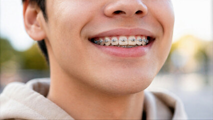 Fototapeta premium Close-up portrait of a young man smiling with traditional metal dental braces on his teeth