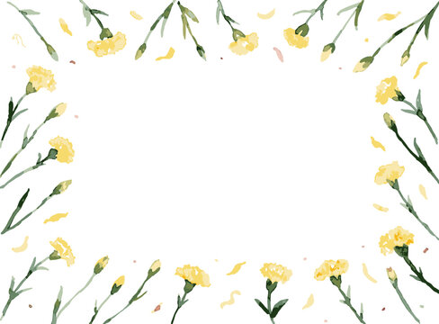 Watercolor yellow carnation flower frame border background