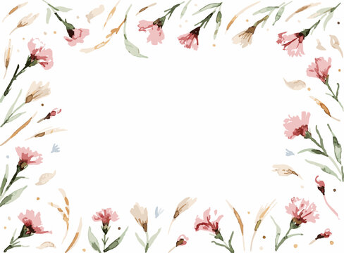 Watercolor pink carnation flower frame border background