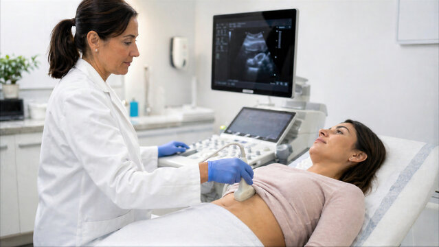 Professional female doctor performing an ultrasound examination on a pregnant woman's abdomen in a modern medical clinic.