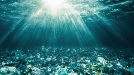 Naklejka premium Underwater ocean floor covered in plastic pollution with sunlight rays shining through the water