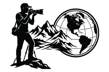 Naklejka premium Travel photographer with camera and world globe silhouette