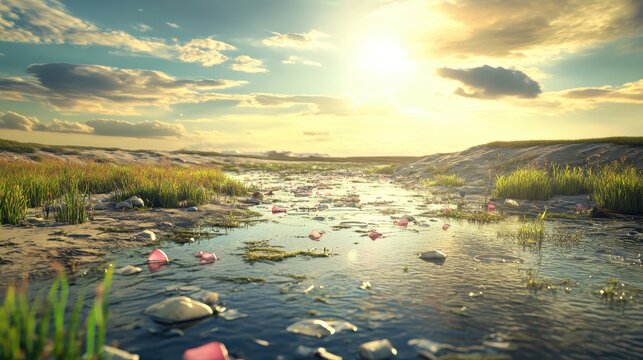 Polluted marshland with floating plastic waste under bright daylight sky