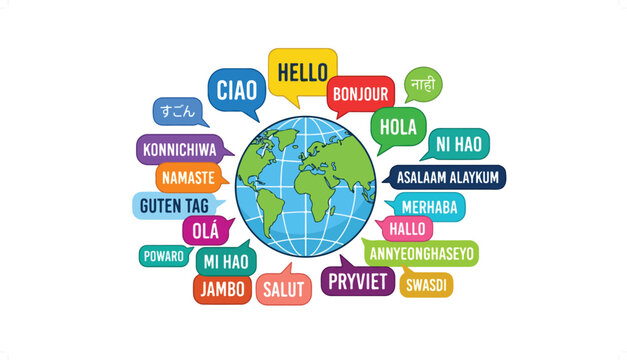 A vibrant illustration of a blue and green globe surrounded by colorful speech bubbles, each containing the word 'hello' in a different language, symbolizing global communication and diversity.
