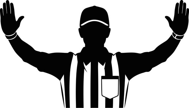 American Football Referee Signaling Touchdown with Arms Raised.