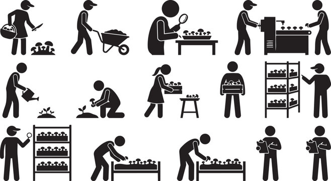 Retail Store Worker Silhouette Collection Featuring Inventory Management Merchandising Customer Service and Sales Activities