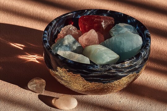 Colorful polished gemstones in a gold bowl with natural light