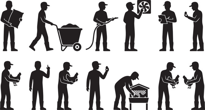 Warehouse and Logistics Worker Silhouette Collection Featuring Material Handling Inventory Control and Workplace Activities
