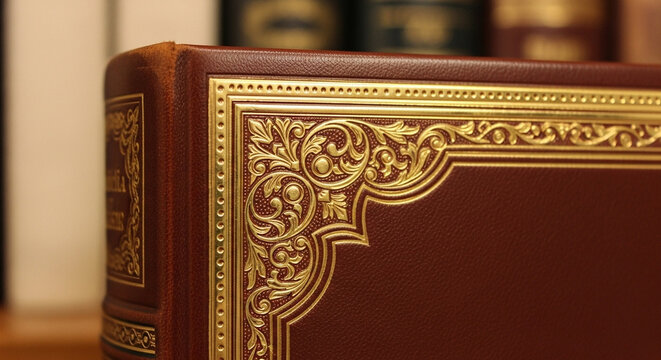 Close-up detail of an antique leather-bound book with ornate gilded tooling on the cover and spine, showcasing intricate floral patterns and classic craftsmanship in a library setting.