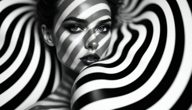 Monochrome portrait of woman with striking black and white stripe pattern. Face lit with shadows and highlights from optical illusion stripes, creating a hypnotic effect. Bold graphic design element.