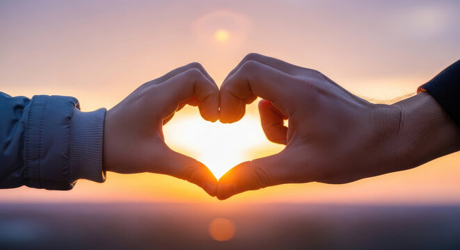 Parent and child making hand heart shape against sunset