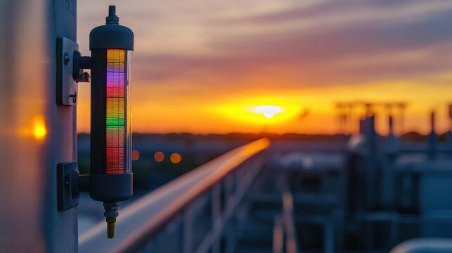 Vibrant Air Quality Monitoring Station Indicator Illuminates Against a Dramatic Sunset Horizon