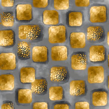 Gold watercolor khachkar seamless pattern with textured squares