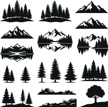 Set of black mountain and forest landscape vector silhouettes with mountains landscape silhouette outdoors coniferous graphics adventure wilderness clipping elements illustration isolated