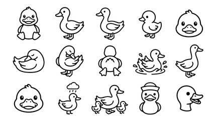 Fototapeta premium Cute duck and duckling line art set with various poses