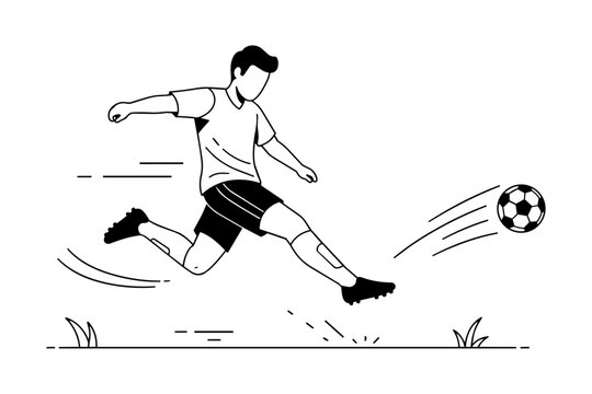 Minimal line art illustration of a soccer player dribbling a football with motion lines. Ideal for sports branding, coaching materials, football promotions, athletic graphics, and tournament designs.