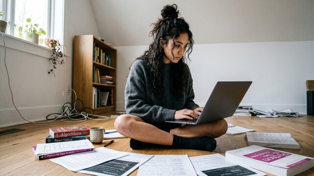 Focused Young Female Student Sitting on Floor Studying Coding with Python Data Analysis Books