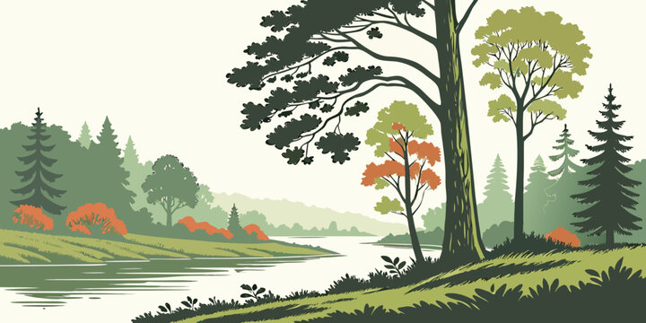 Autumn forest landscape with a meandering river and colorful seasonal trees in a stylized flat illustration outdoor life scenic landscape changing seasons landscape seasonal colorful wilderness