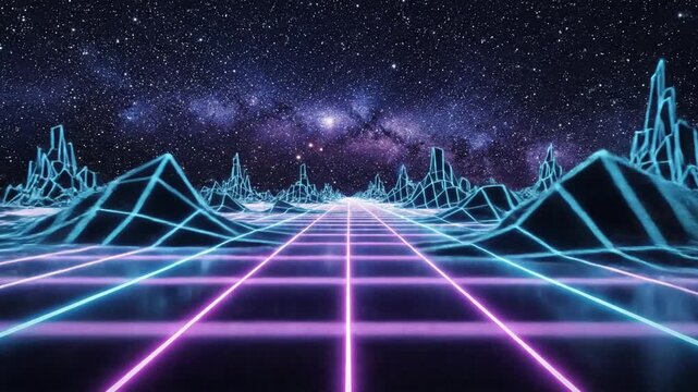 Retro futuristic wireframe landscape with neon grid and cosmic background