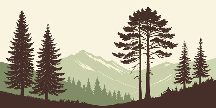 Rustic mountain range landscape graphic with evergreen trees mountain landscape silhouette evergreen wilderness woodland coniferous illustration background tranquil wallpaper environment
