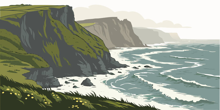 Rugged sea cliffs and coastal beach landscape drawing with landscape shoreline illustration cliffside cliffedge wilderness cliffview daylight dramatic topography sculpted elements seascape