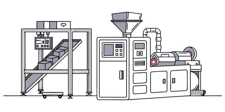 Automated industrial production machine with box conveyor feeding system manufacturing machinery industrial automation conveyor production packaging assembly robotics technology equipment