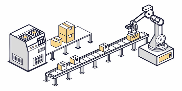 Automated robot arm packing boxes on conveyor belt with assembly line robotics automation packaging conveyor industrial manufacturing production machinery technology engineering mechanical