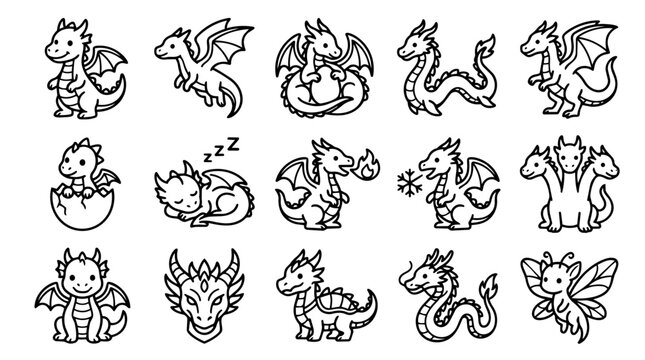 Collection of cute cartoon dragon outline drawings