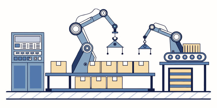 Automated robotic packaging system with conveyor belt and warehouse boxes packaging conveyor automation manufacturing industrial production shipping logistics warehouse equipment automated