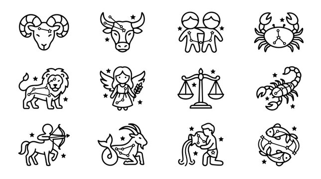 Set of twelve astrological zodiac signs