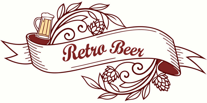 Retro beer vintage banner design with beer mug and hop vine illustration ornamental branding beverage template advertising isolated background decoration commercial