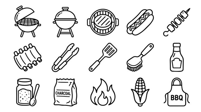 Barbecue cooking and grilling equipment set icons
