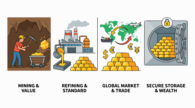 Vibrant flat vector illustration set featuring four detailed scenes showcasing gold bar assets, market value growth, financial stability, and wealth management in a clean ordered composition.
