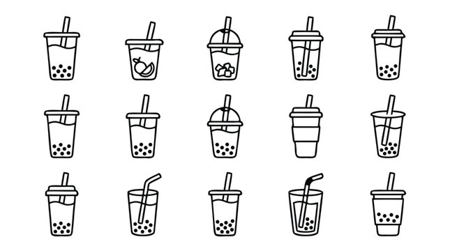 Minimalist black and white line art icon set of bubble tea cups and straws, featuring various boba drink designs in a clean grid layout for cafe menus, stickers, and modern digital interfaces.