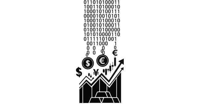 Cryptocurrency and finance graph with binary code background