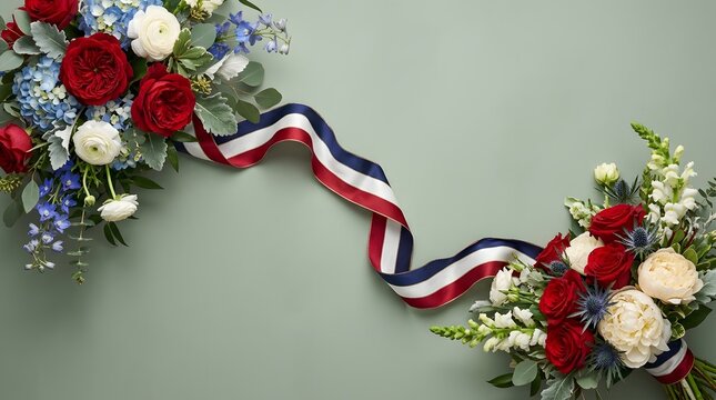 Patriotic floral arrangement with red roses ranunculus and delphinium on sage green background